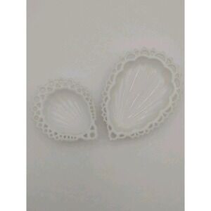 Vintage 2 Westmoreland Milk Glass, Footed Shell Trinket Dish W Scallop Lace Edge